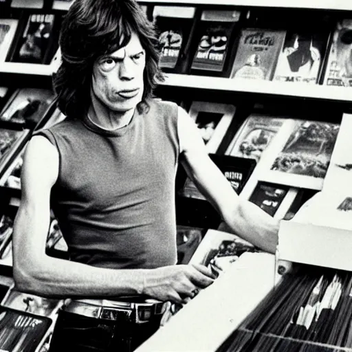 Image similar to mick jagger working in a record store in 1 9 6 9, polaroid photo, artistic, realistic, snapshot