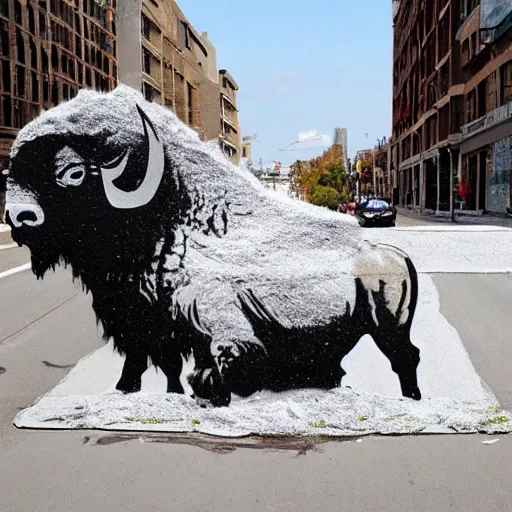 Image similar to a buffalo covered in flour in the middle of the street, graffiti banksy art