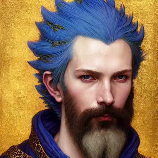 Image similar to half length portrait of a medieval fantasy sorcerer, a male blue dragon with electrcity magic, fantasy, d & d, high details, art by ( ( ( kuvshinov ilya ) ) ) and wayne barlowe and gustav klimt and artgerm and wlop and william - adolphe bouguereau