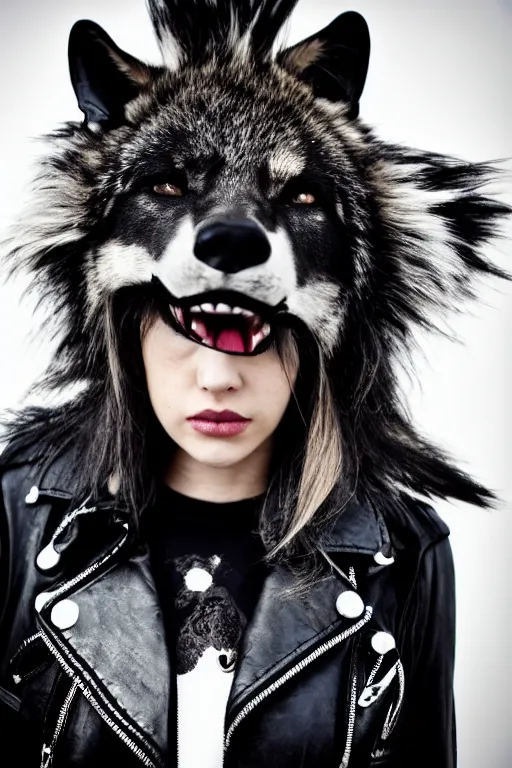 Prompt: photographic portrait of a punk girl in a leather jacket wearing a wolf's head over her face, high fashion, style magazine shoot, cool punk with wolf on her head