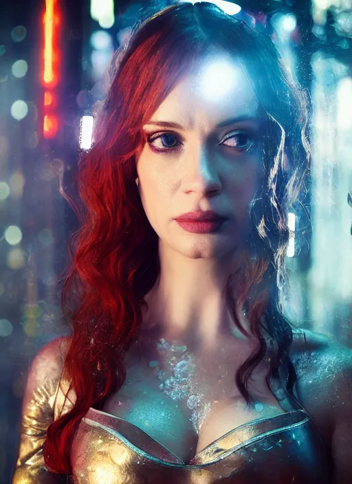 Image similar to facing the camera!!! upper body photograph portrait of a very pretty!!! christina hendricks in cyberpunk 2 0 7 7, dynamic pose, shiny skin, oily, symmetric face!!, petzval lens, sharp focus, smooth, space station. by alesio albi and george lucas and stanley kubrick