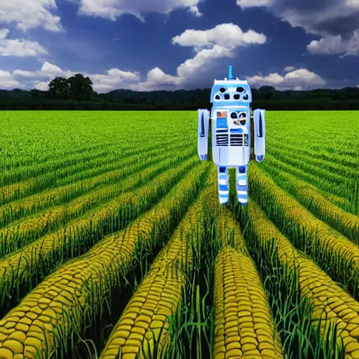 Image similar to a photo of farming droid wearing a straw hat blue overalls in the corn field, robots, humanoid, chappie, farming, photorealistic, 8 k