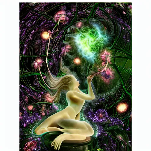 Prompt: glowing delicate flower and mushrooms that grow in a dark fatansy forest on the planet Pandora, an idealistic marble statue with fractal flowery hair in a fractal garden, - W 704