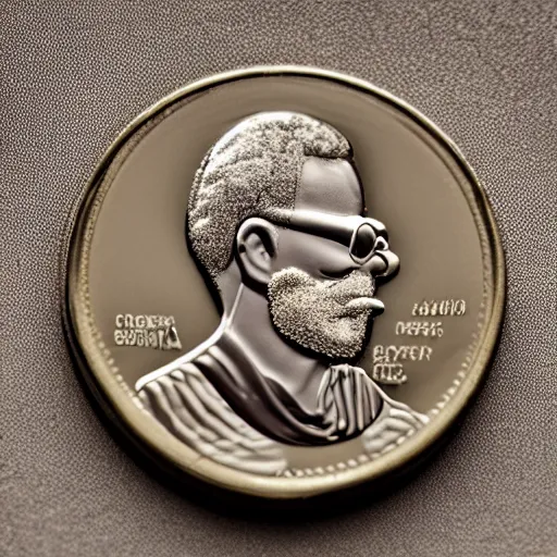 Prompt: A photograph of a delicious unwrapped chocolate coin which is engraved with a portrait of a man with a large nose and glasses smoking a cigar and wearing a greek fisherman's cap, highly detailed, close-up product photo, depth of field, sharp focus, soft lighting