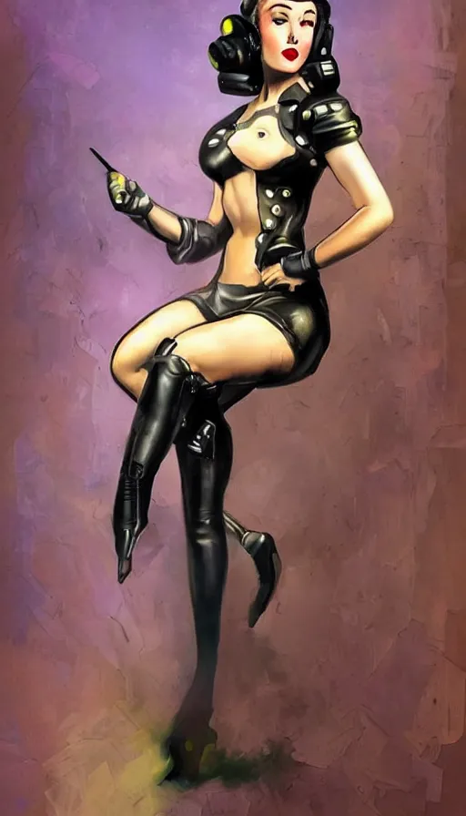 Prompt: full body cyberpunk beautiful woman in the style of a 1 9 4 0 s oil painted pin - up