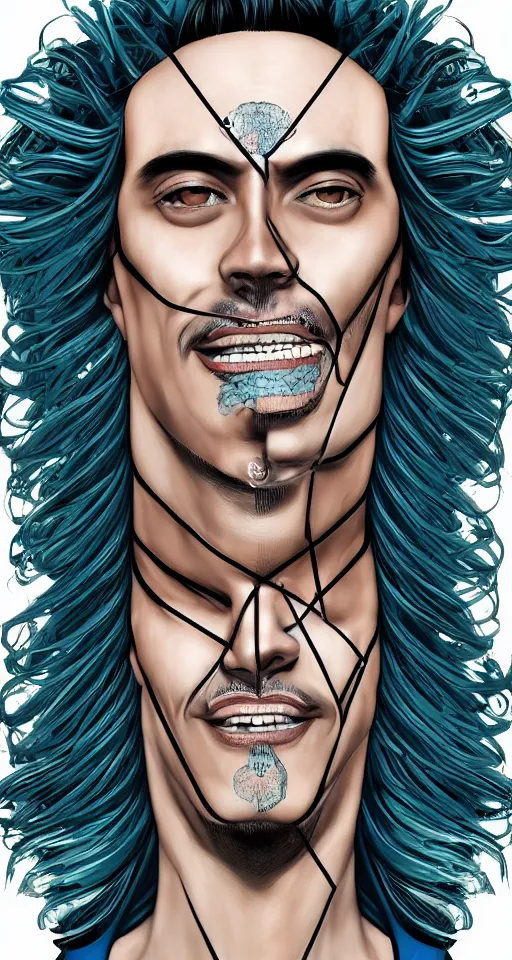 Image similar to A portrait photo of a latino mad scientist male with cyborg face looking at the camera with a queasy smile!!!!, in a mixed style of Botticelli and Æon Flux!!, inspired by pre-raphaelite paintings, and cyberpunk!!!, stunningly detailed, stunning inking lines, flat colors, 4K photorealistic, profile picture