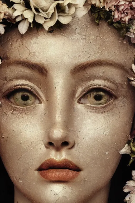 Prompt: hyperrealism close - up mythological portrait of a beautiful medieval woman's shattered face partially made of bronze color flowers in style of classicism, pale skin, wearing ivory colour dress, dark and dull palette