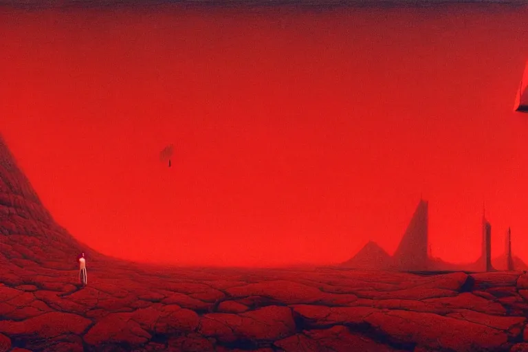 Prompt: only with red, red god of death eat apple, a futuristic city on mars in the background, red worms on the floor, in the style of beksinski, part by hopper, part by rodcenko, part by hofbauer, intricate composition, red by caravaggio, insanely quality, highly detailed, masterpiece, red light, artstation, 8 k