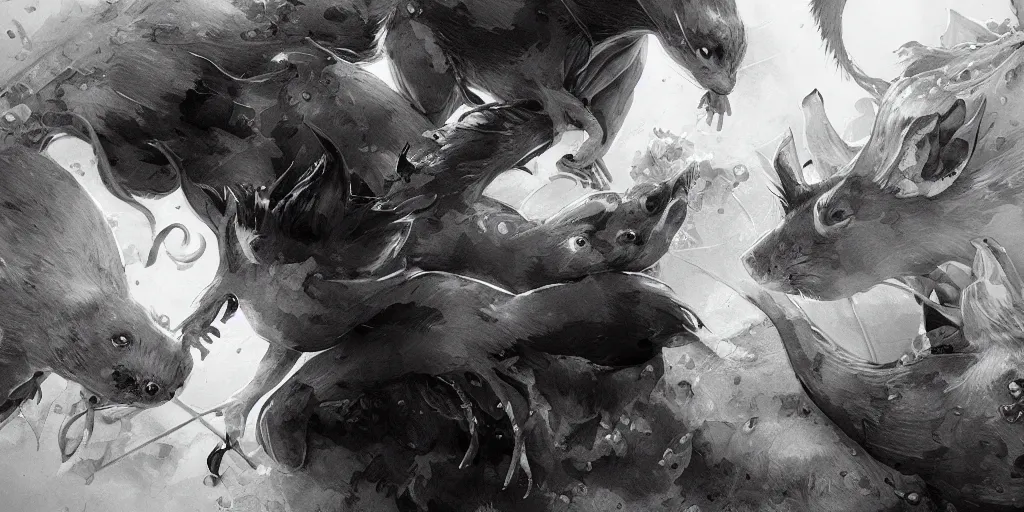 Image similar to highly detailed beautiful black and white photography of rats, splash, sharp focus, dynamic lighting, elegant harmony, beauty, masterpiece, by riccardo federici, by james jean, by craig mullins, by lois van baarle, by makoto shinkai, by greg tocchini, by greg rutkowski, illustration, ink draw, pen,