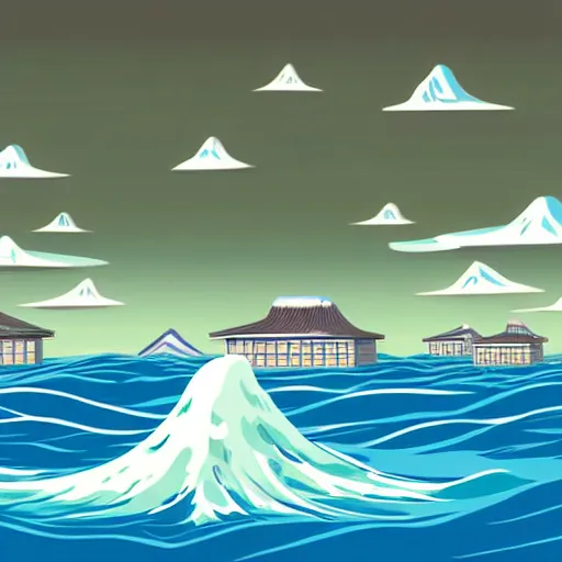 Image similar to giant tsunami wave that is 20 miles high, approaching about to crash into a small coastal town. miniature buildings compared to giant waves are so tall, they seem to touch the sky, large scale image, cartoon color drawing vector illustration, 2d photorealistic flat anime style