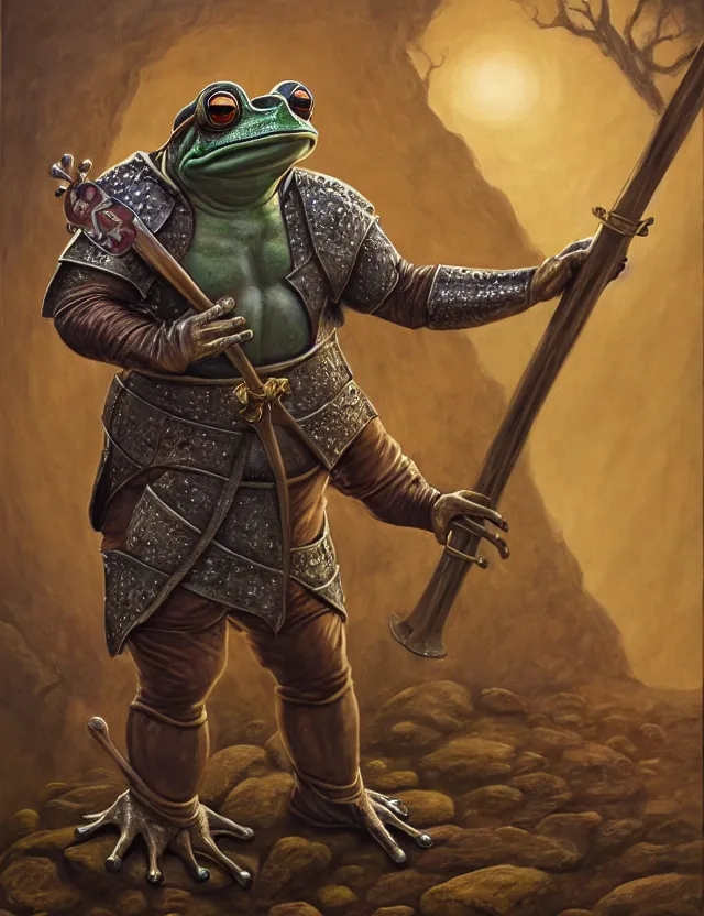 Image similar to anthropomorphic bipedal frog that is dressed as a medieval fighter, and holding a thick staff, as a matte oil painting and d & d character art, by alex grey, standing, fullbody, floating bubbles, mystic, fog, fractals, spirals, concept art, award - winning, extremely detailed, sharp focus