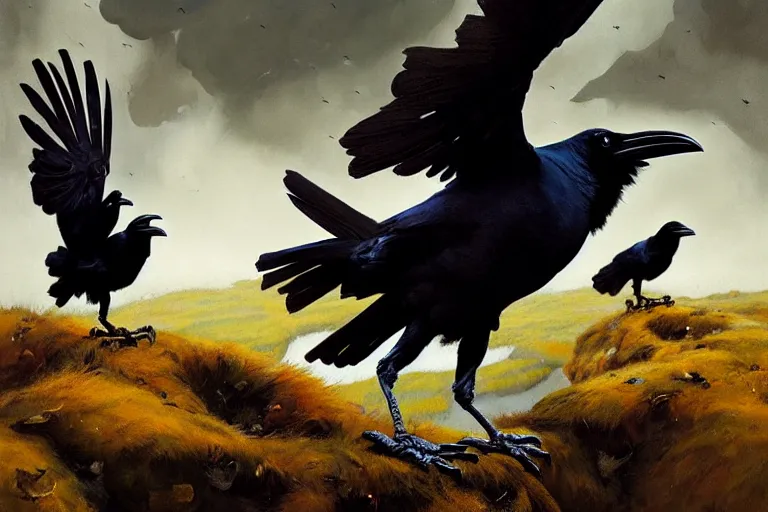 Image similar to raven birds expressively dancing by otto dix and greg rutkowski and andreas rocha, cinematic lighting, highly detailed, warm colours, 4 k