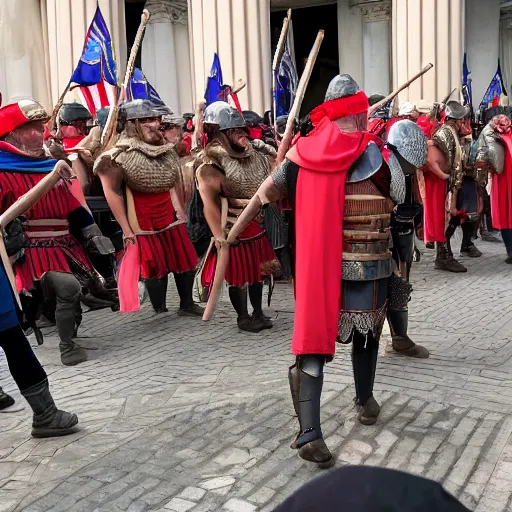 Image similar to roman legions invading the capitole, wearing maga hats ( 2 0 2 1 )