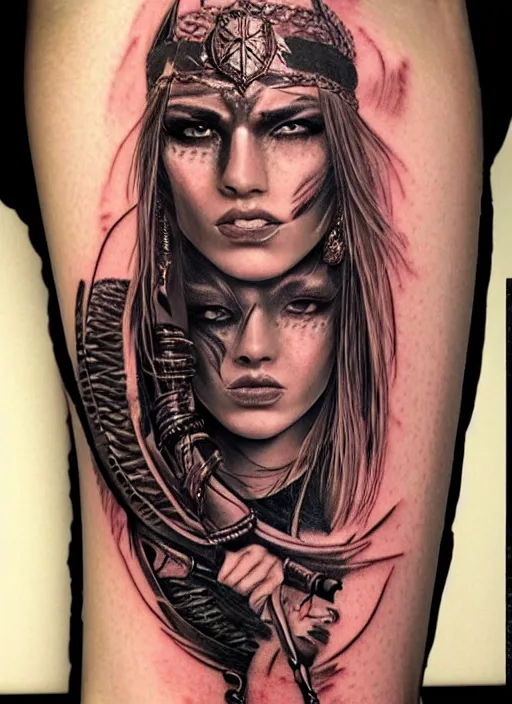 Image similar to tattoo design of a hyper - realistic beautiful girl warrior, hyper detailed, in the design of eliot kohek, white background