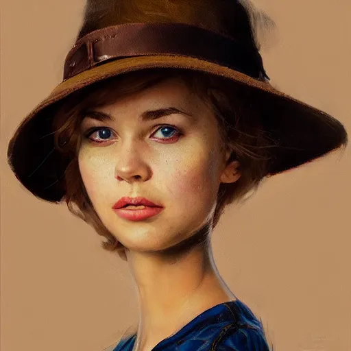 Image similar to A portrait of a sincere-looking girl, oil on canvas, wearing a hat made by wires ,masterpiece, hi-fructose, artgerm , Norman rockwell, craig mullins, n, trending on pxiv, highly detailed face, clear eyes concept art, hdri, 4k-