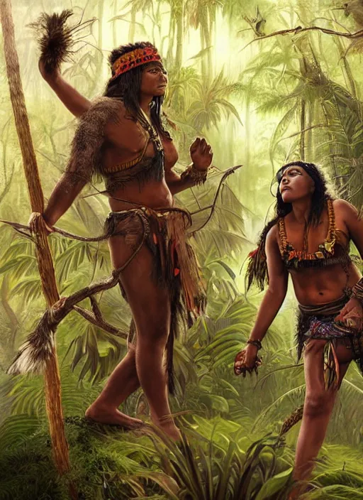 Prompt: two highly realistic indigenous people working together in the jungle, fantasy art, highly detailed, matte painting