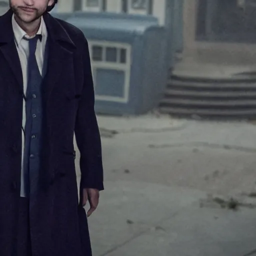 Image similar to tobey maguire as a man with a scruffy beard in a dark blue trenchcoat as the new doctor who, cinematic, volumetric lighting, f 8 aperture, cinematic eastman 5 3 8 4 film, photorealistic