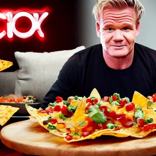 Prompt: Gordon Ramsey reacting to very very very very delicious nachos expertly arranged and presented