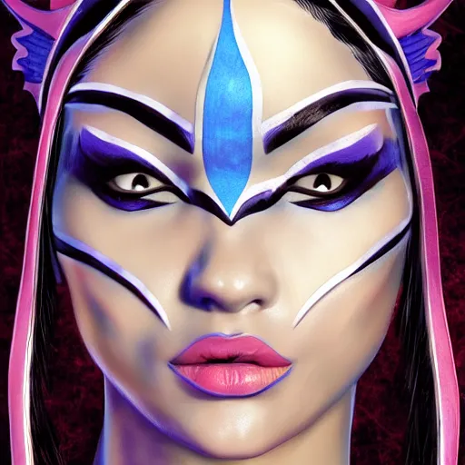 Image similar to masterpiece closeup portrait of Kitana from Mortal Kombat, trending on Artstation, comic art, symmetrical artwork, high detail