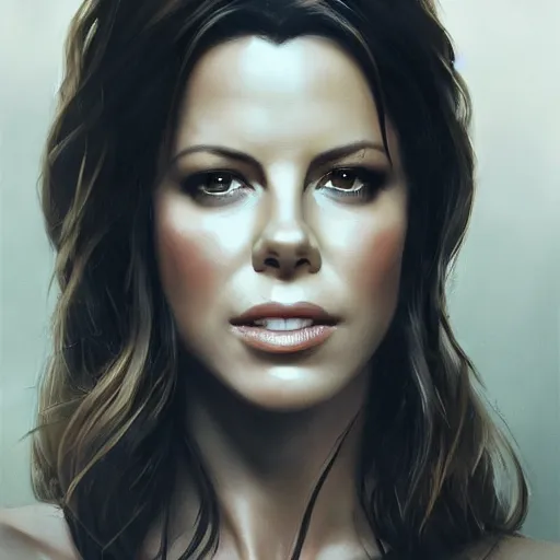 Prompt: closeup portrait of a kate beckinsale, seductive smile, soldier, army chiaroscuro, evil dead,, golden hour, dramatic lighting, complementary contrast, high detail, painted by greg rutkowski, painted by igor kieryluk, trending on artstation