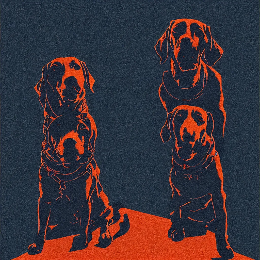 Image similar to seriously?? dog meme, mads berg, karolis strautniekas, film noir, stippled light, dramatic lighting, editorial illustration, detailed, fine texture, matte print, art deco, brutalism, dark blue + dark orange, red, black, ( ( habitat 6 7 background ) )