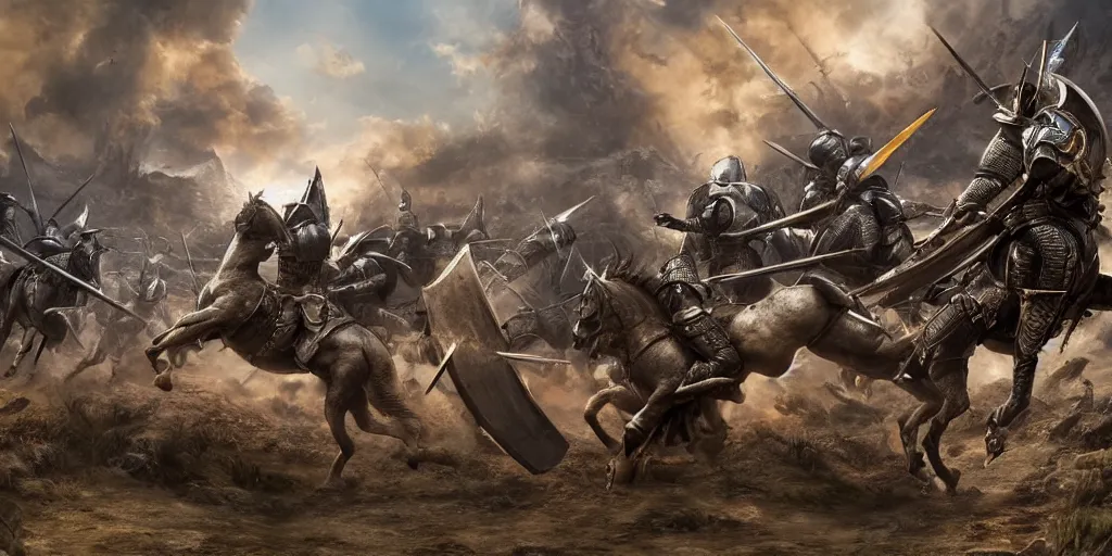 Image similar to detailed digital painting of a battle scene, mounted knights fighting against a dragon, cinematic shot, very detailed, unreal engine, hyper realism, realistic shading, cinematic composition, blender render, octane render, hdr, detailed textures, photorealistic, very wide shot, 1 6 mm lens