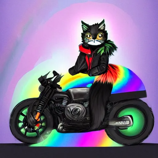 Image similar to wide angle full body, jacket wearing fluffy cute rainbow kitten wearing a black leather motorcycle jacket, riding on a motorcycle, cinematic concept art