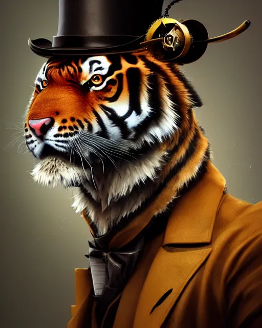 Image similar to steampunk male tiger portrait, handsome, steampunk hat, detective coat, steampunk monocle, complex 3 d render by ilya kuvshinov, peter mohrbacher, greg rutkowski, ryohei hase, dramatic lighting, intricate, highly detailed, sharp focus, luminous, unreal engine, blender, artstation, masterpiece, ray tracing