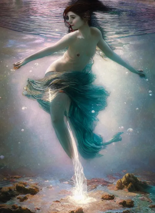 Image similar to hyper realist matte digital painting of a beautiful woman, beautiful face, underwater photography, full body, jugendstill, floating in water, flowing gown, bubbles rising, seaweed, headspace, fairytale, fantasy art, photo realistic, dynamic lighting, artstation, volumetric lighting, by mucha, by charlie bowater, by karol bak, by alma tadema