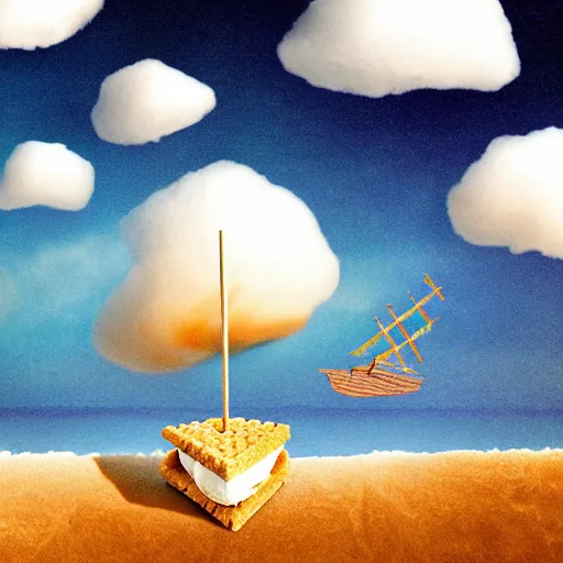 Image similar to graham cracker sailboat floats in a sea of hot chocolate, marshmallow cloud in sky above, abstract environment, award winning art, epic dreamlike fantasy landscape, ultra realistic,