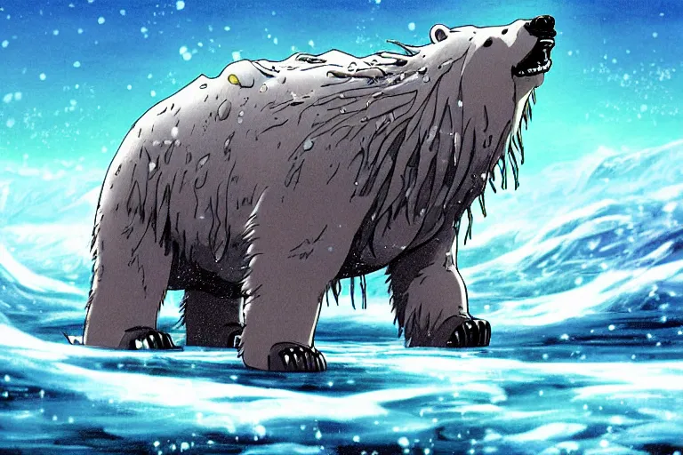 Prompt: cell shaded cartoon of a giant lovecraftian mechanized polar bear from howl's moving castle ( 2 0 0 4 ), wading through an icy river, full body, wide shot, very muted colors, post grunge, studio ghibli, highly detailed, deviantart, art by artgem