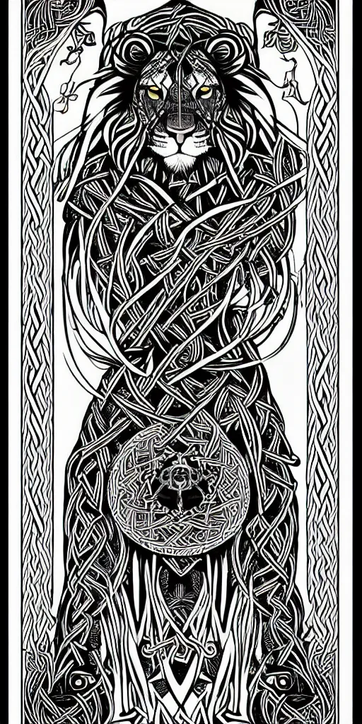 Image similar to a beautiful black and white fractal viking lioness tarot card featuring bold occult imagery with clean lines. detailed adult coloring book