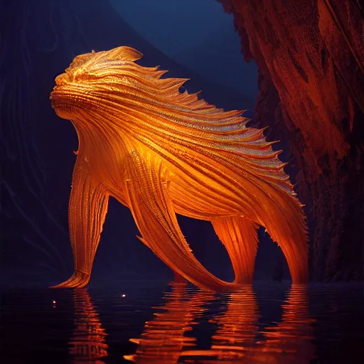 Image similar to creature in a alaska, water reflection, backlit, warm tones, bioluminescent bioluminescent translucent translucent : : by michal karcz, daniel merriam, victo ngai and guillermo del toro : : ornate, dynamic, particulate, intricate, elegant, highly detailed, centered, artstation, smooth, sharp focus, octane render, 3 d