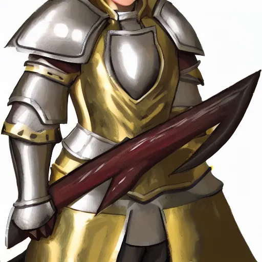 Prompt: Anime Heroic female kobold paladin in plate armor holding up a sword in triumph