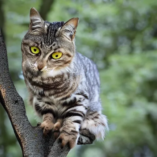 Prompt: cat and owl hybrid perched on a tree