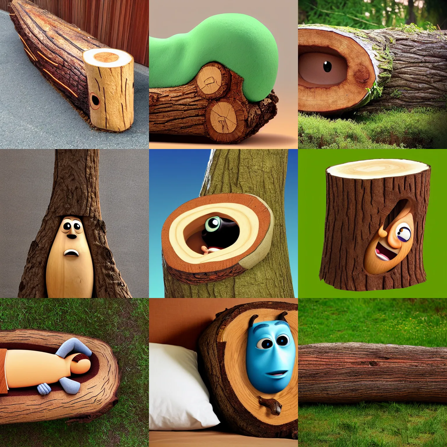 Prompt: anthropomorphic wooden log sleeping snoozing, pixar style