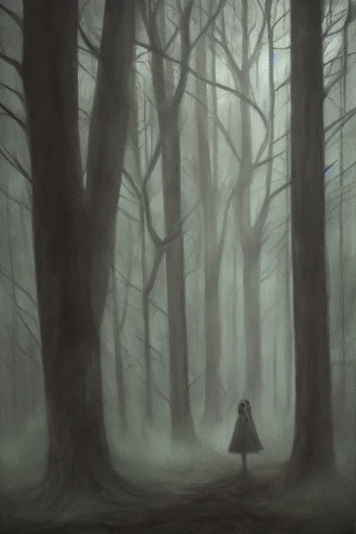 Prompt: dark haunted woods. pan's labyrinth style, atmospheric, foggy, oil painting on canvas. fairytale