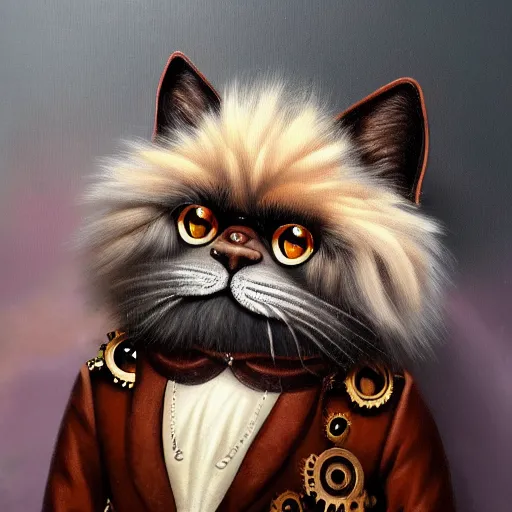 Prompt: anthromorphic fluffy himalayan cat dressed in steampunk clothing, detailed 4 k oil painting