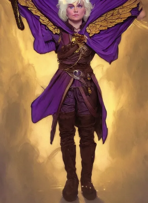 Prompt: a gender neutral halfling with golden angel wings, wearing and a purple smoking jacket, short brown hair. fantasy concept art. moody epic painting by james gurney, and alphonso mucha. artstationhq. painting with vivid color. ( dragon age, witcher 3, lotr )