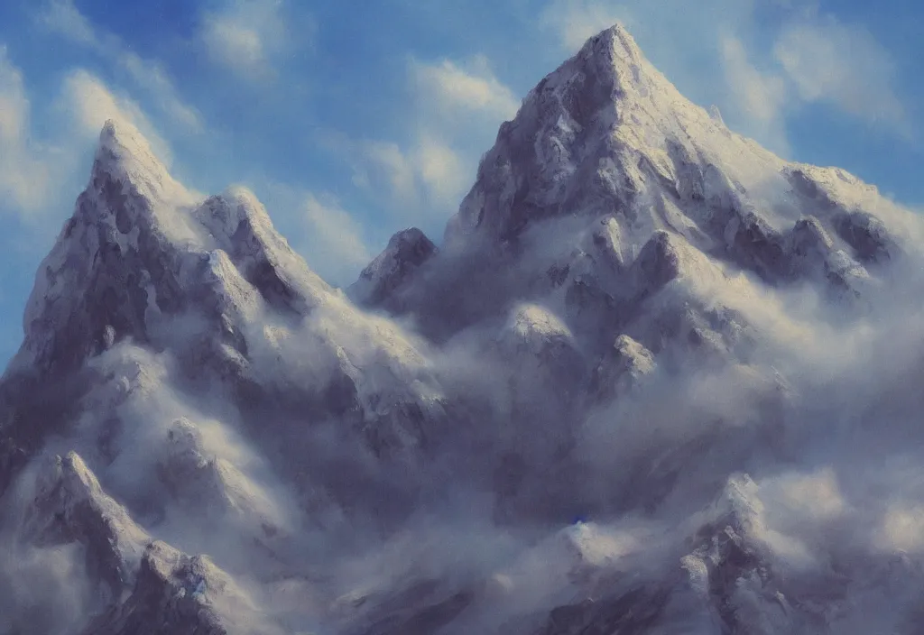 Prompt: fantasy painting of a mountain reaching above the clouds, highly detailed,