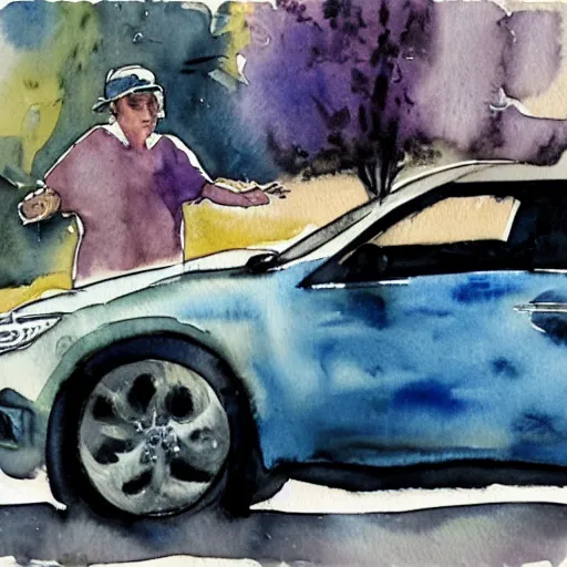 Prompt: a watercolor painting of some people next to a car