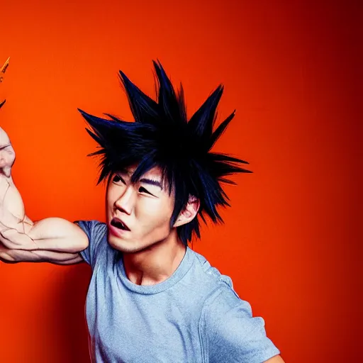 Image similar to photorealistic human goku, goku as an asian man, goku in real life, spiky hair, orange gi, human goku, photography, cinematic