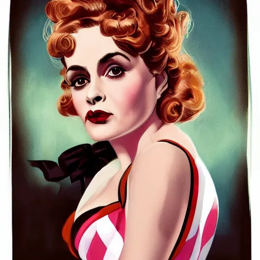 Image similar to pin-up Helena Bonham Carter, 50’s style, illustration, highly detailed, digital painting, concept art