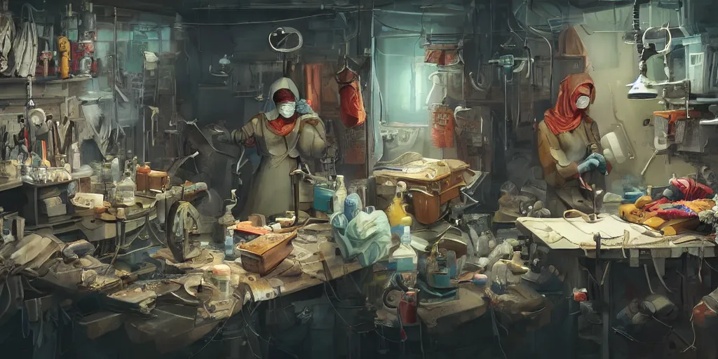 Image similar to an environmental concept art of a babushka surgeon in a cluttered mechanics workshop, surgical impliments, surgery table, highly detailed, cinematic, dramatic, cyberpunk
