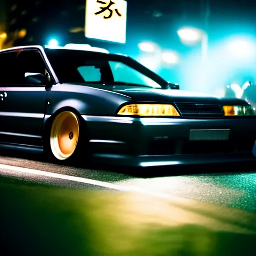 Image similar to a car JZX100 at illegal car meet, Shibuya prefecture, city midnight mist, cinematic color, photorealistic, highly detailed, 200MM