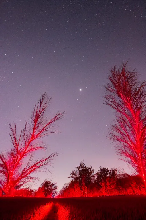 Image similar to A giant glowing red tree made out of light in the center of a corn field blasting off into space, 8K UHD