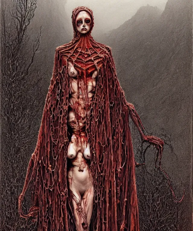 Prompt: a detailed creepy woman with many spider joints stands among the hills. wearing a ripped mantle, robe. perfect faces, extremely high details, realistic, fantasy art, solo, masterpiece, art by hermann nitsch, zdzislaw beksinski, dariusz zawadzki, giger, dragan bibin, ed binkley