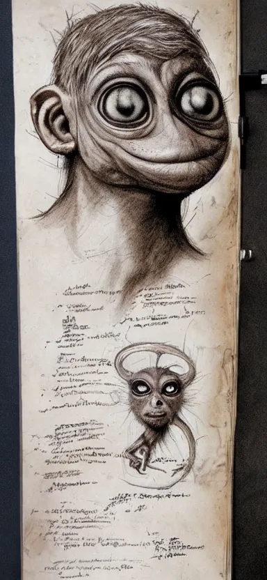 Prompt: ancient majestic, fantasy, cute human face, female humanoid creature, vascularity, muscular, large tarsier eyes, torso and head, bust, muscular, diagram, sketchbook, greys anatomy book, sketches, on old distressed parchment paper, by brian froud