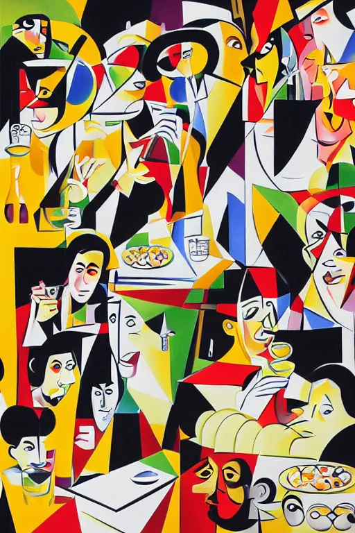 Prompt: a collage of people eating and drinking, a cubist painting by tomokazu matsuyama, trending on pixiv, cubism, cubism, picasso, pop art