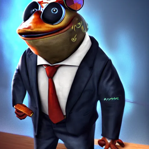 Prompt: a high quality photo of an antropomorphic mafia frog wearing a suit smoking a cigar, 3d scene, render, ultra realistic, artstation, cgsociety